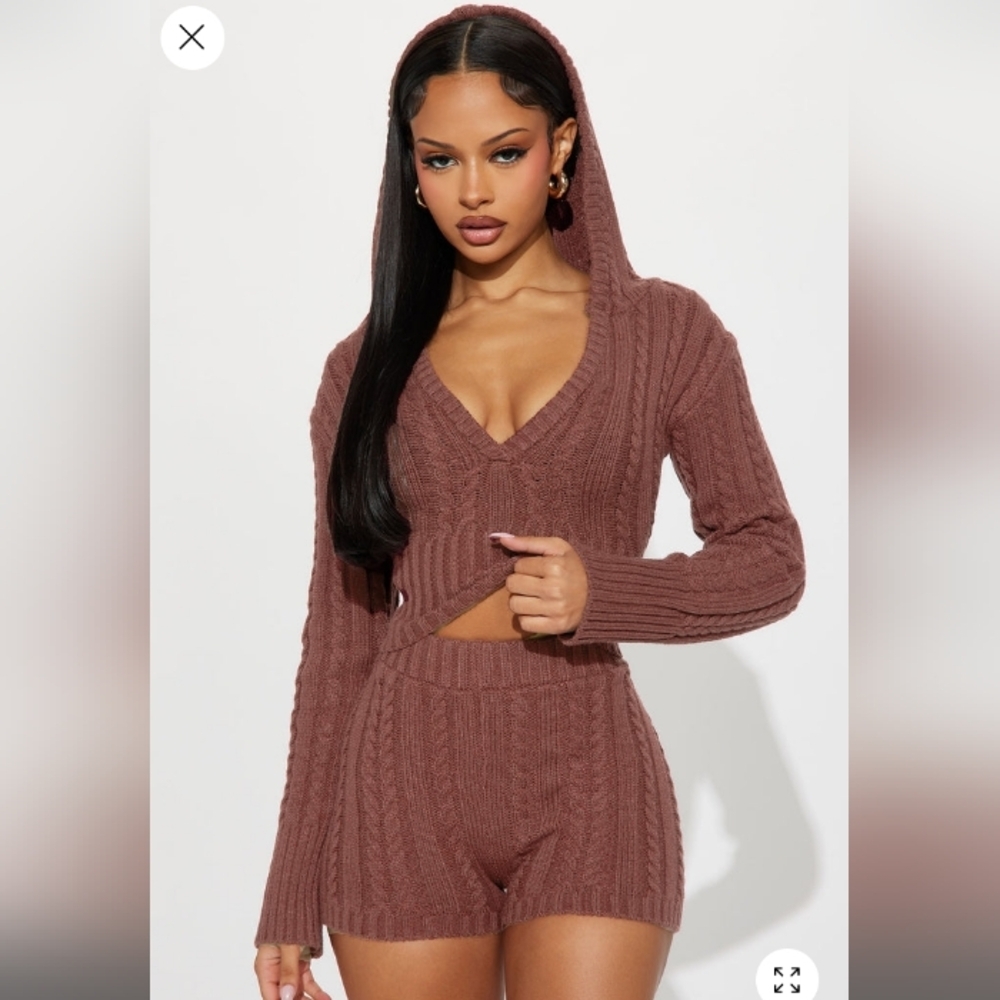 Fashion Nova Trending Mocha Cable Sweater Shorts Lounge Set